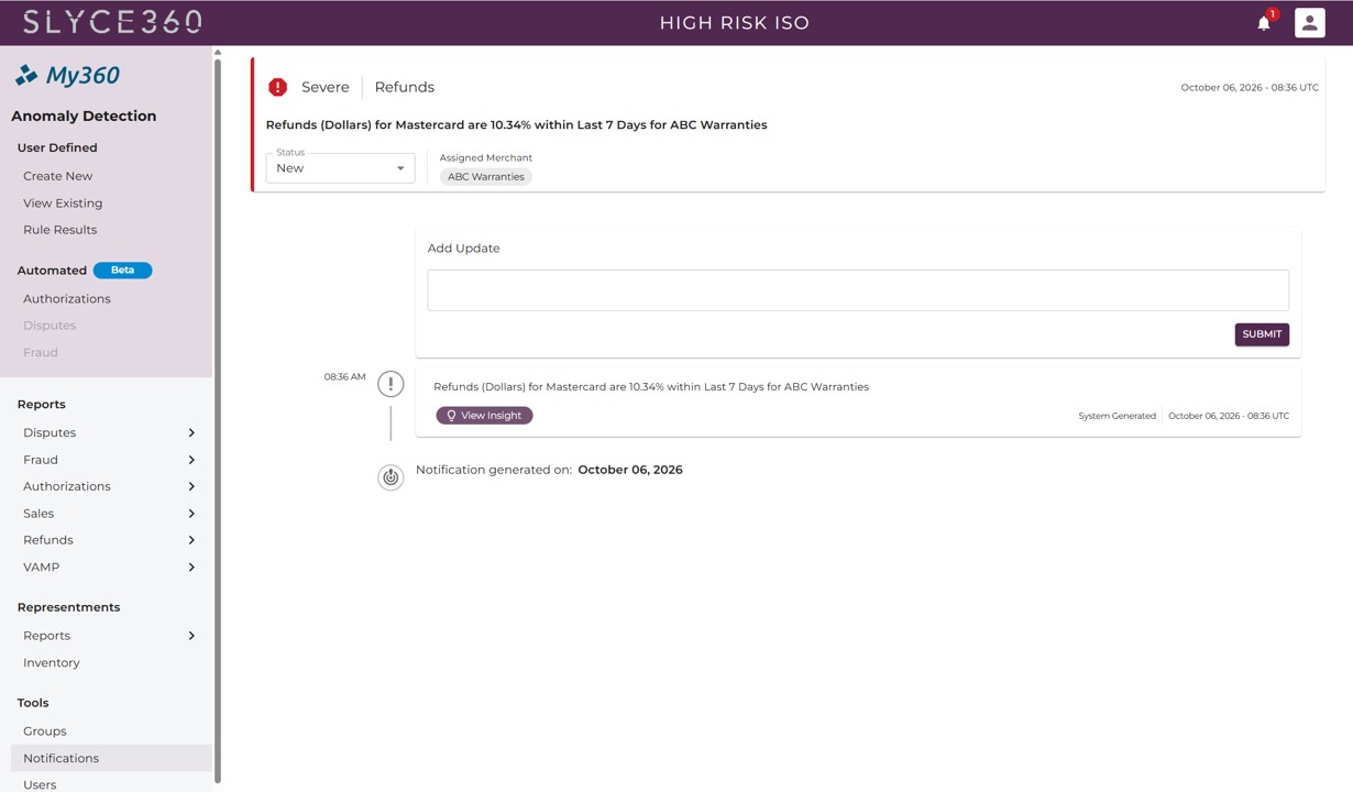 My360 Notification Detail screen: a severe refunds alert showing Mastercard refunds at 10.34% over the last 7 days for ABC Warranties, with status, assigned merchant, an update box and a View Insight button