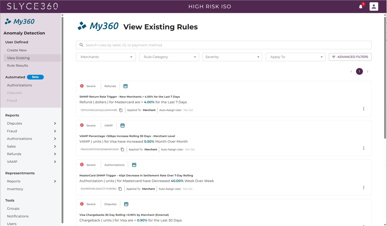 My360 View Existing Rules screen listing severe refunds, VAMP, authorization and dispute rules with their thresholds