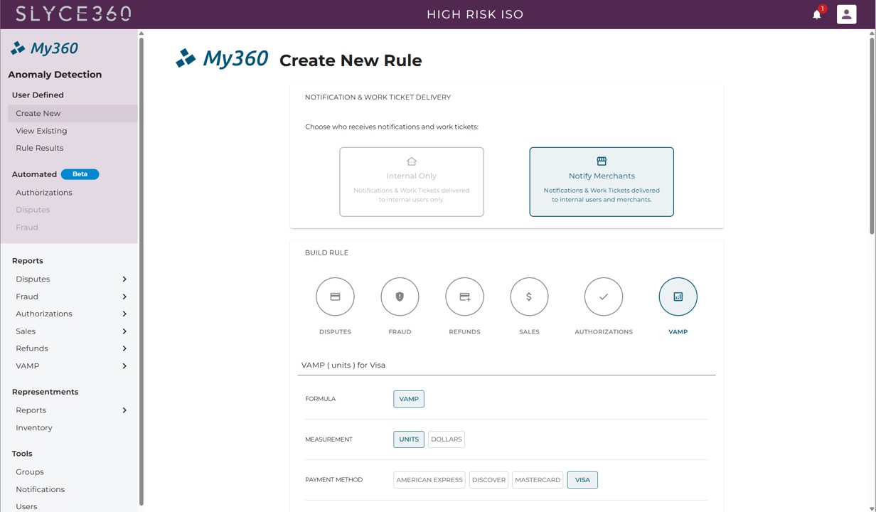 My360 Create New Rule screen: choose internal-only or merchant notifications, then build a rule by category, measurement and payment method