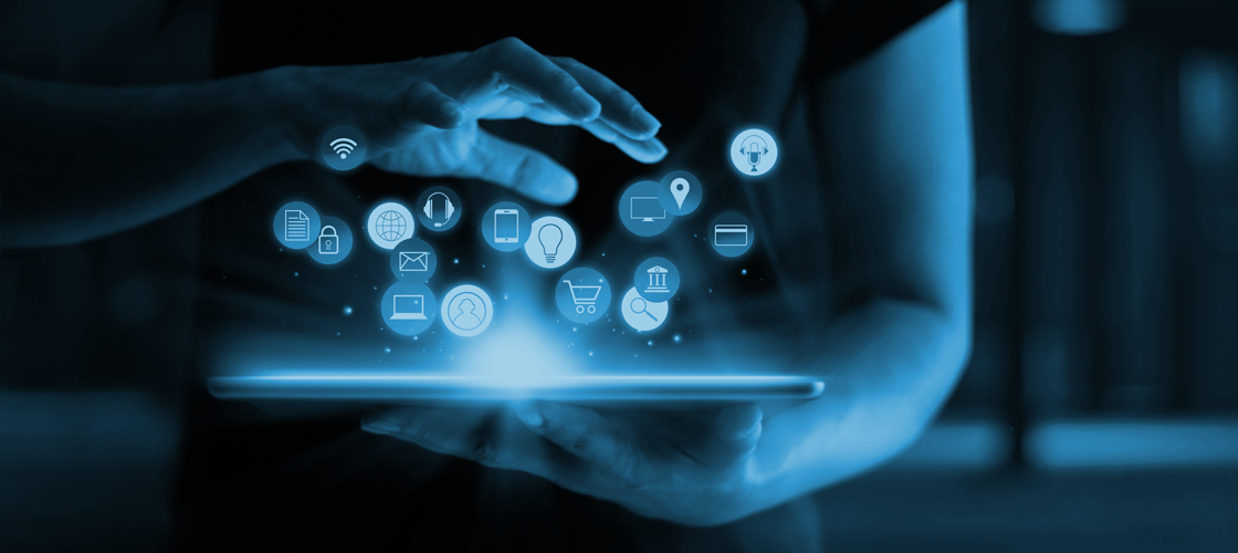 Hand and icons hovering over tablet
